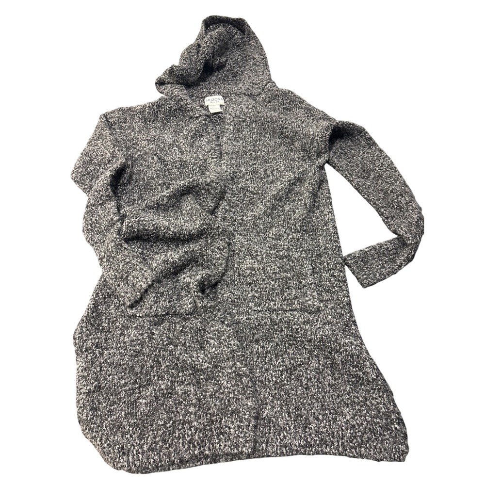 Arizona Jean Co Womens Small Hooded Cardigan Sweater Marled Gray Open Front Long